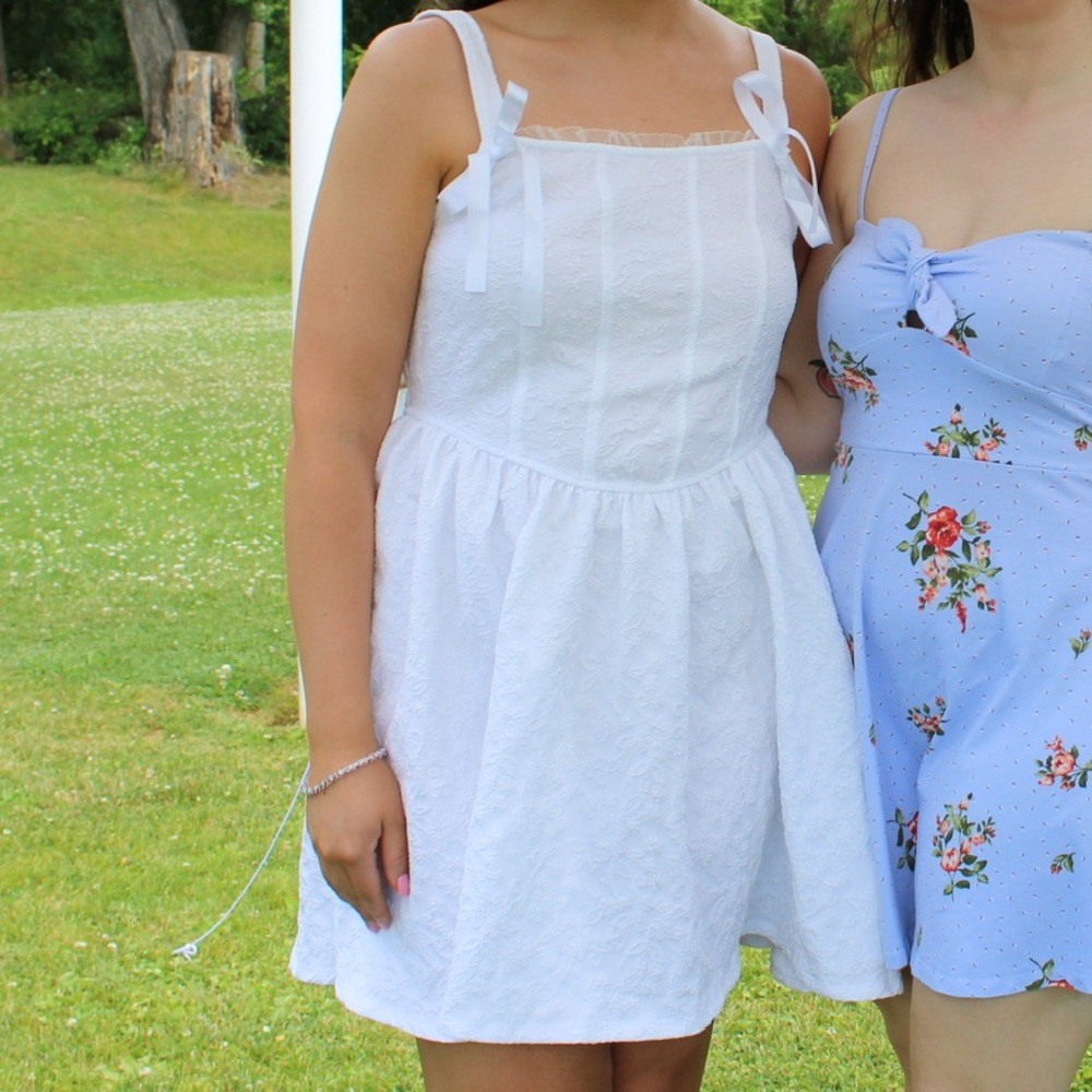 Bridal shower/bachelorette white mini dress with bows